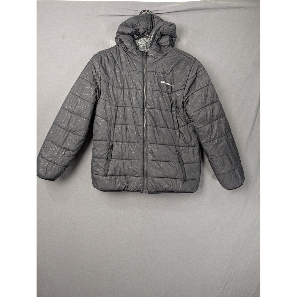 Eddie Bauer Kids Reversible Puffer Jacket Gray Faux Fur Hooded M 10/12 9320W566